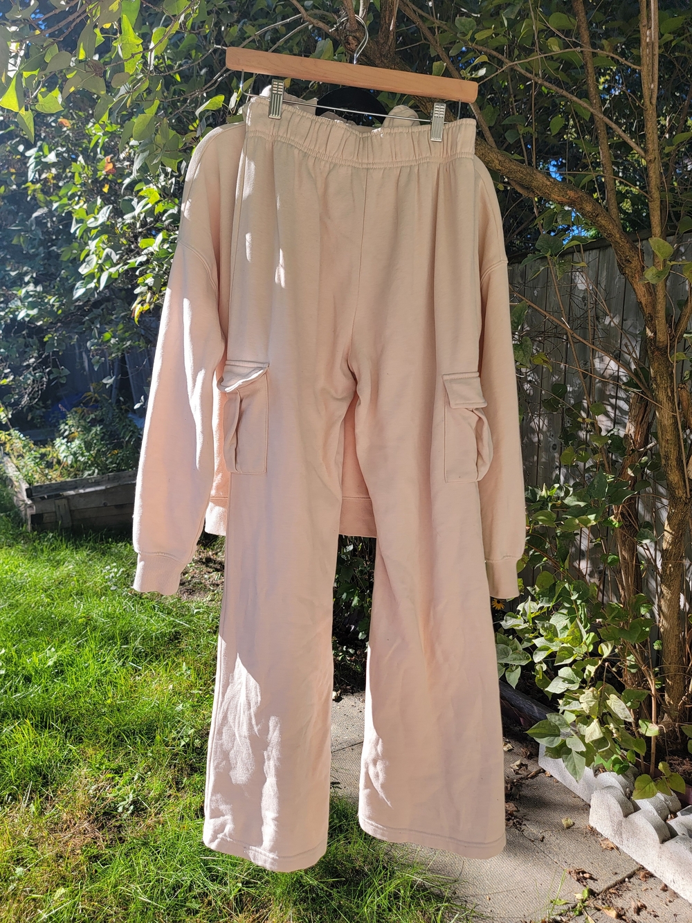 Cream Beige Cotton Blend Cargo Sweatpant & Hoodie Set